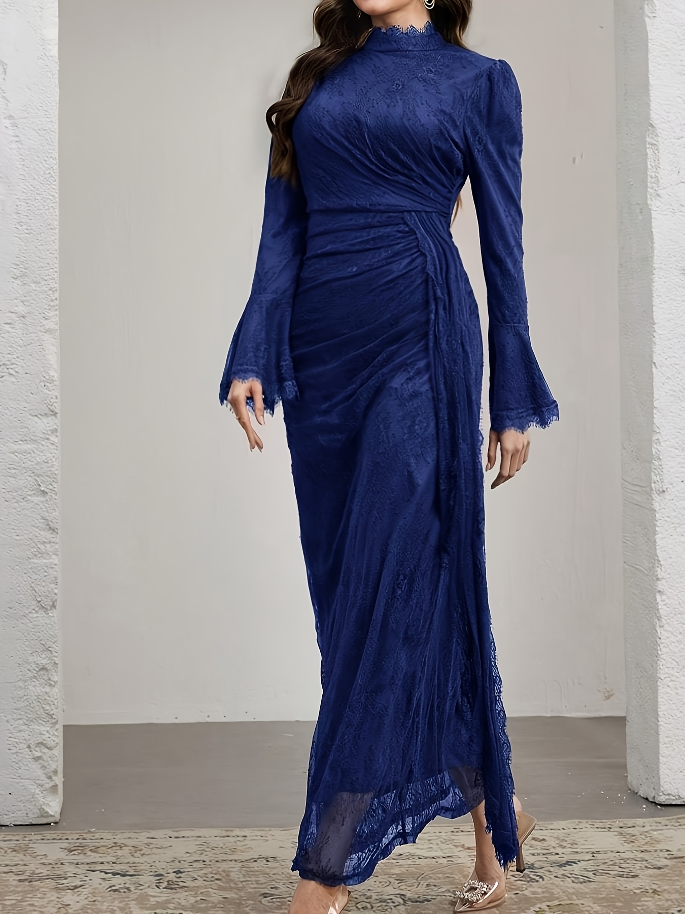 elegant long sleeve lace dress with ruffle neckline and belted waist stand collar long length suitable for     Product details 12