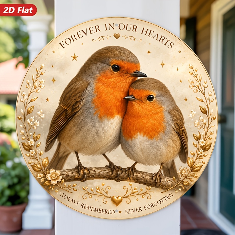 TEMU 2d Flat, 1pc Retro Robin Memorial Wall Hanging Plaque - 2 Robins Perched On Branch With Orange Chest Feathers, Round Acrylic Suitable For
