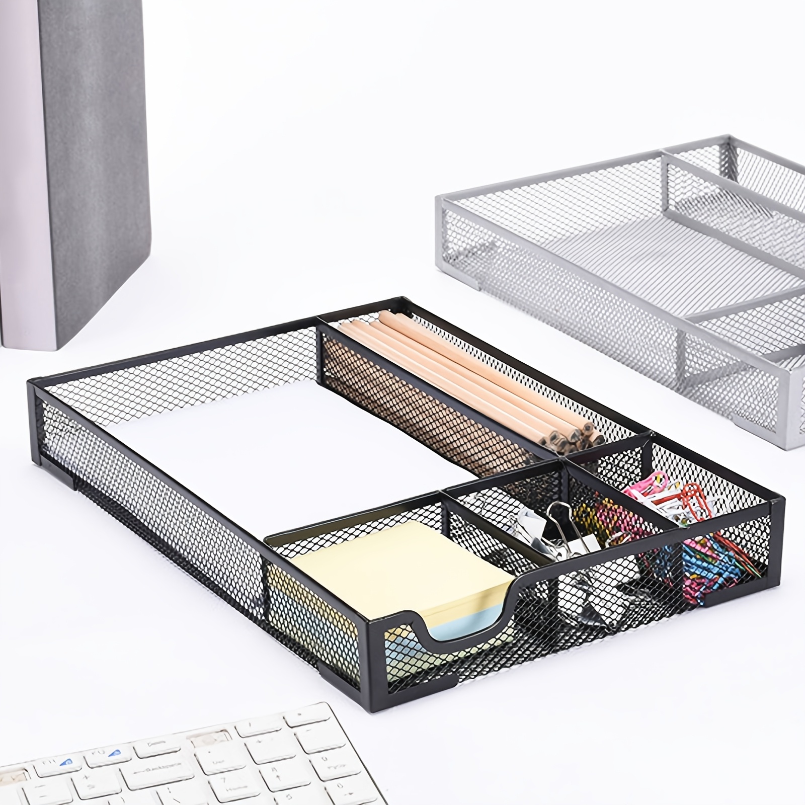 TEMU 5 Compartments Mesh Metal Desk Drawer Organizer | Iron Material, Lightweight, Universal Use, Black, Fdit Brand, Suitable For Office Supplies,