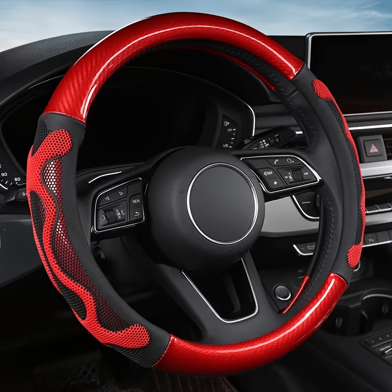 TEMU A Carbon Fiber Faux Leather Car Steering Wheel Cover, Suitable For 15-inch Car Steering Wheels, Rubber Non-slip Design, Stylish, Breathable,