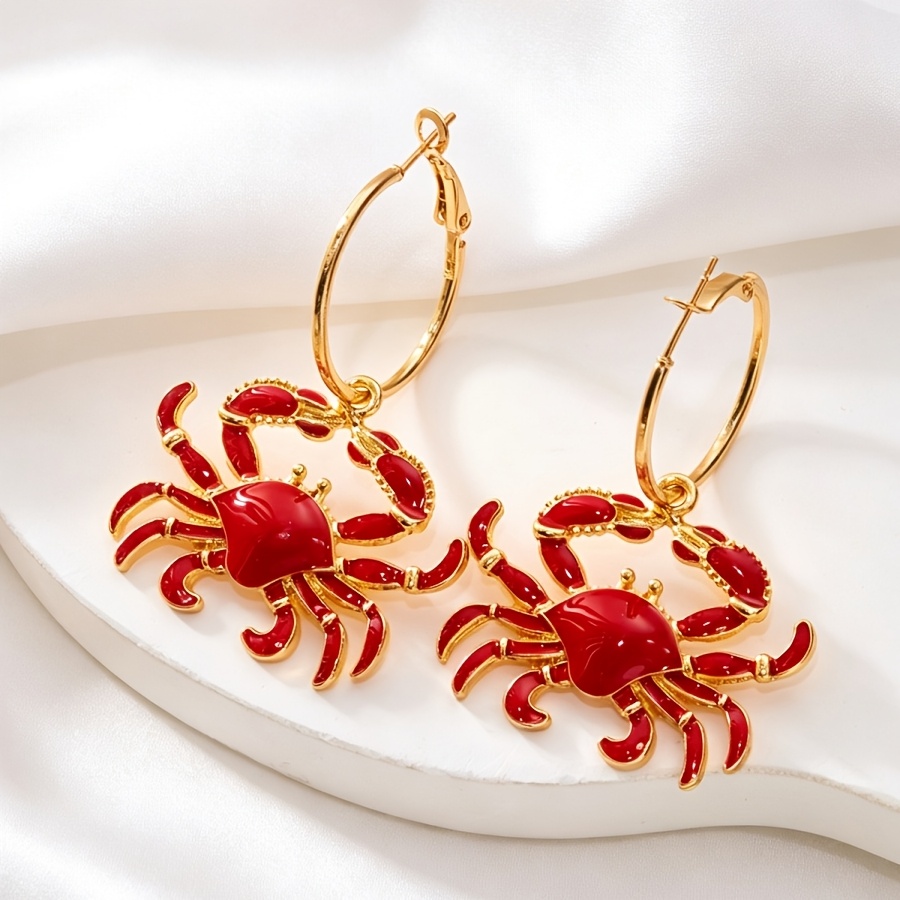 TEMU 1 Pair Of Fun Enamel Crab Hoop Earrings, Ocean-themed Vacation Earrings For Women, Suitable For Casual Daily Wear, Parties, And Concerts
