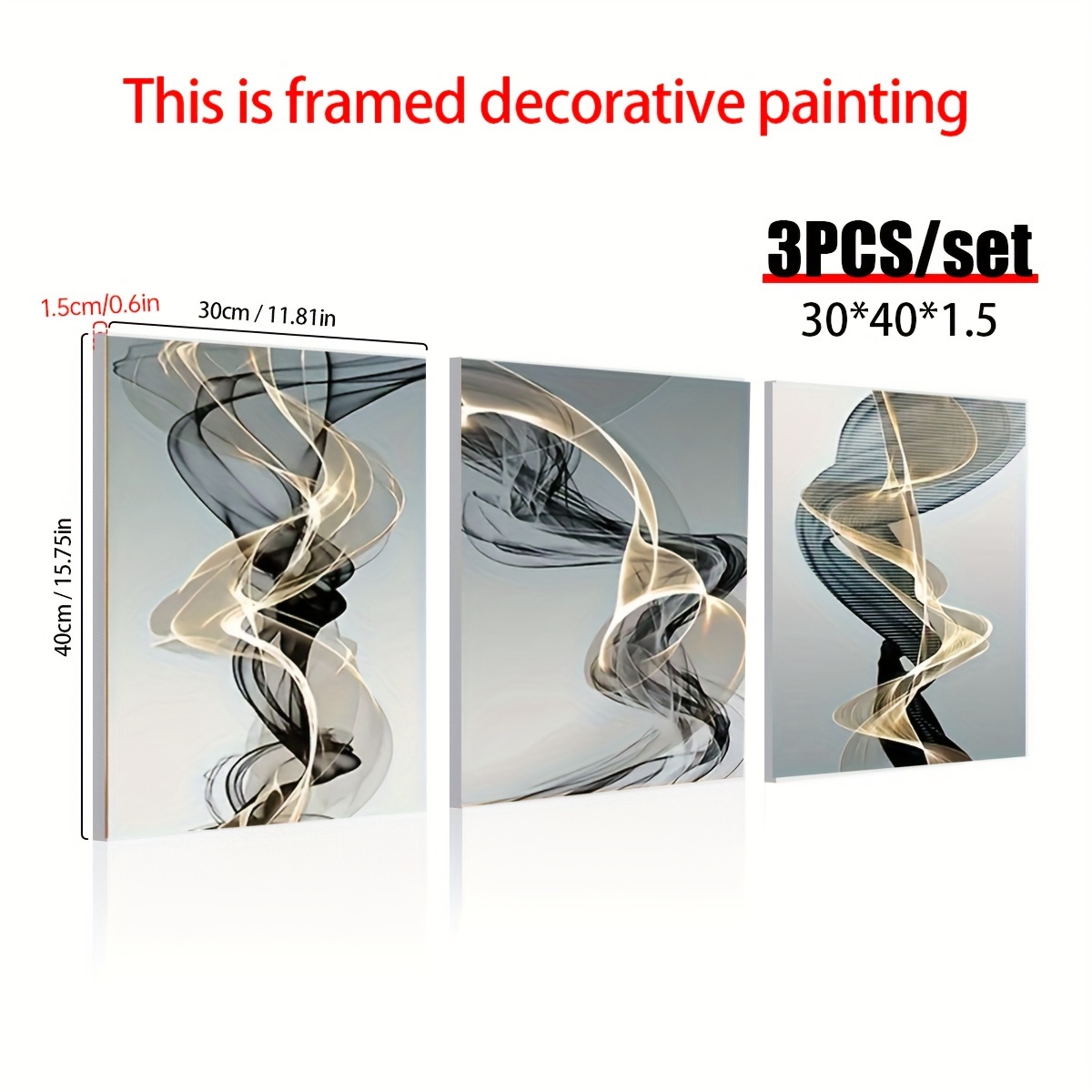 TEMU 2d Flat, 2d Flat, Set Of 3 Abstract Ribbon Canvas Art - Framed Nordic Wall Decoration For Living Room And Bedroom, Black And Golden Abstract