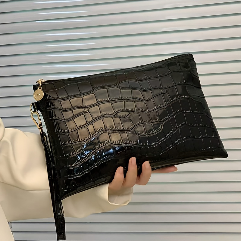 TEMU []& Women's Handbag, Crocodile Pattern Tote, Large Capacity Zippered Coin Purse, Portable Document Bag