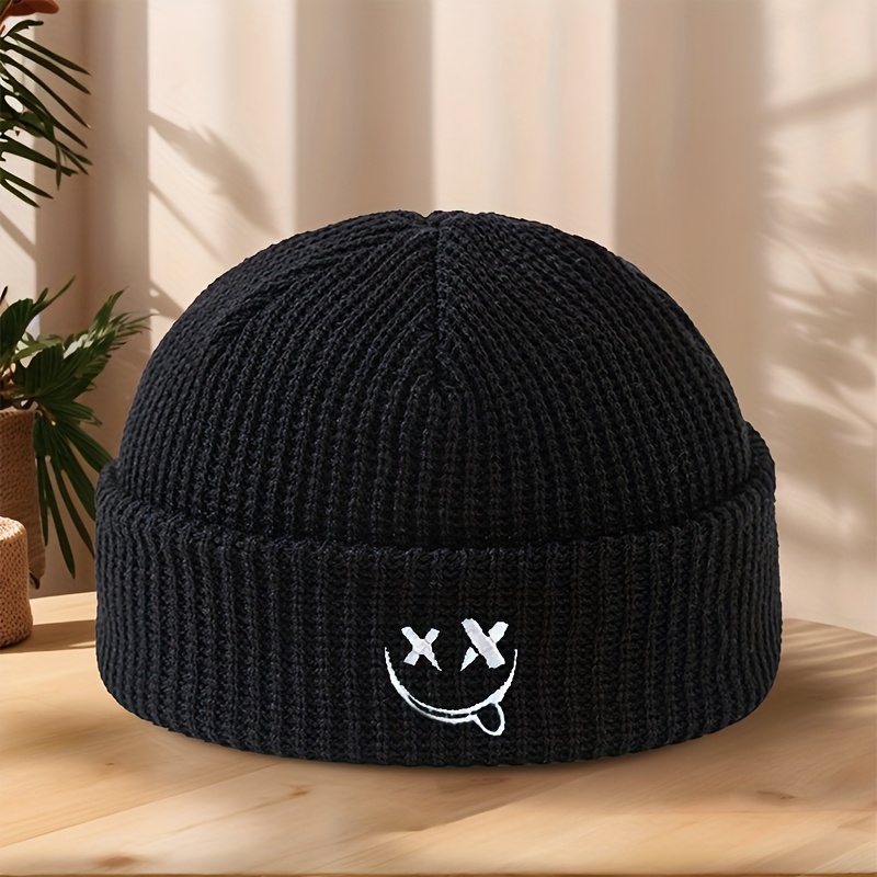 E-shop Bestickte Strickmütze aus Melonenschale mit fröhlichem Gesicht, Herbst/Winter, hochelastische, weiche, bequeme, warme, randlose Mütze für
