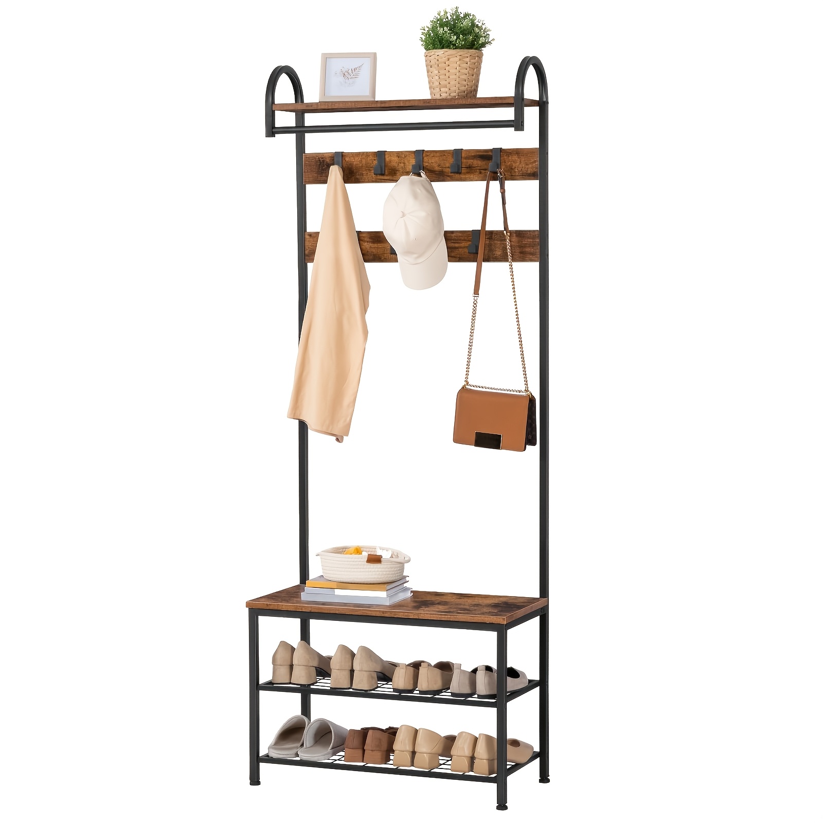 Image of Closet, Hangers, Footrest Shoe Rack, Shoe Cabinet With 9 Hooks, 182cm High, Suitable For Corridors, Living Rooms And Bedrooms, Metal Frame, And Black Color, Standing Shelf
