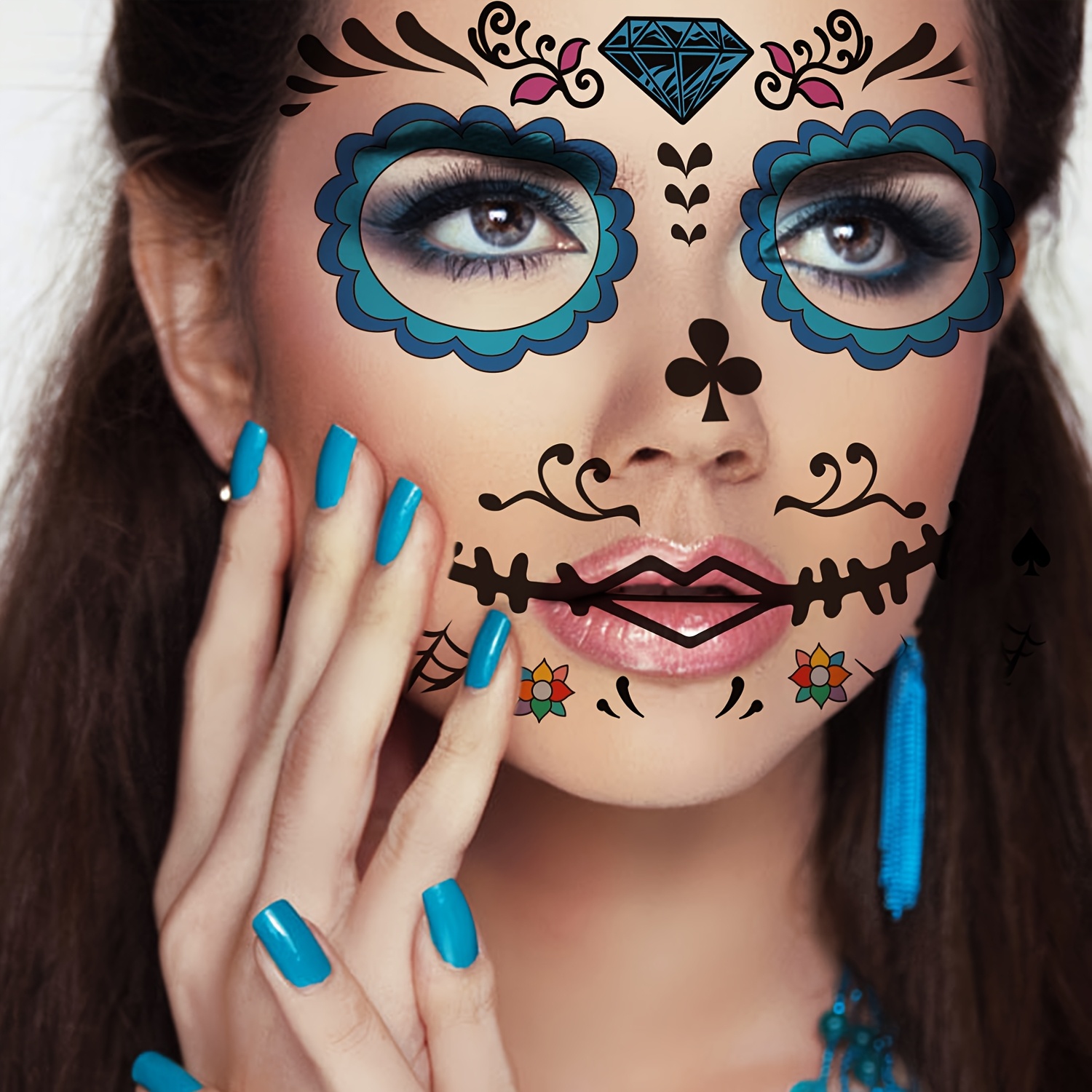 Tag Der Toten Gesicht Tattoos 8 Blätter – Zucker-Schädel Temporäre Tattoos Für Halloween, Partys & Cosplay
