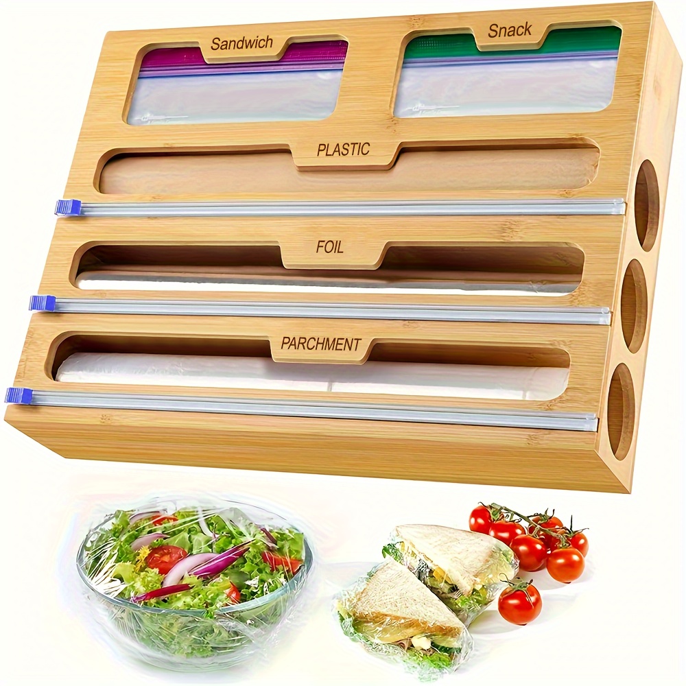 TEMU Bamboo Organizer Rack - Multi-purpose 5-in-1 Dispenser For Plastic Wrap, Parchment, Foil, & Ziplock Bag Storage With Slide Cutter - Essential Drawer And Cabinet Accessory