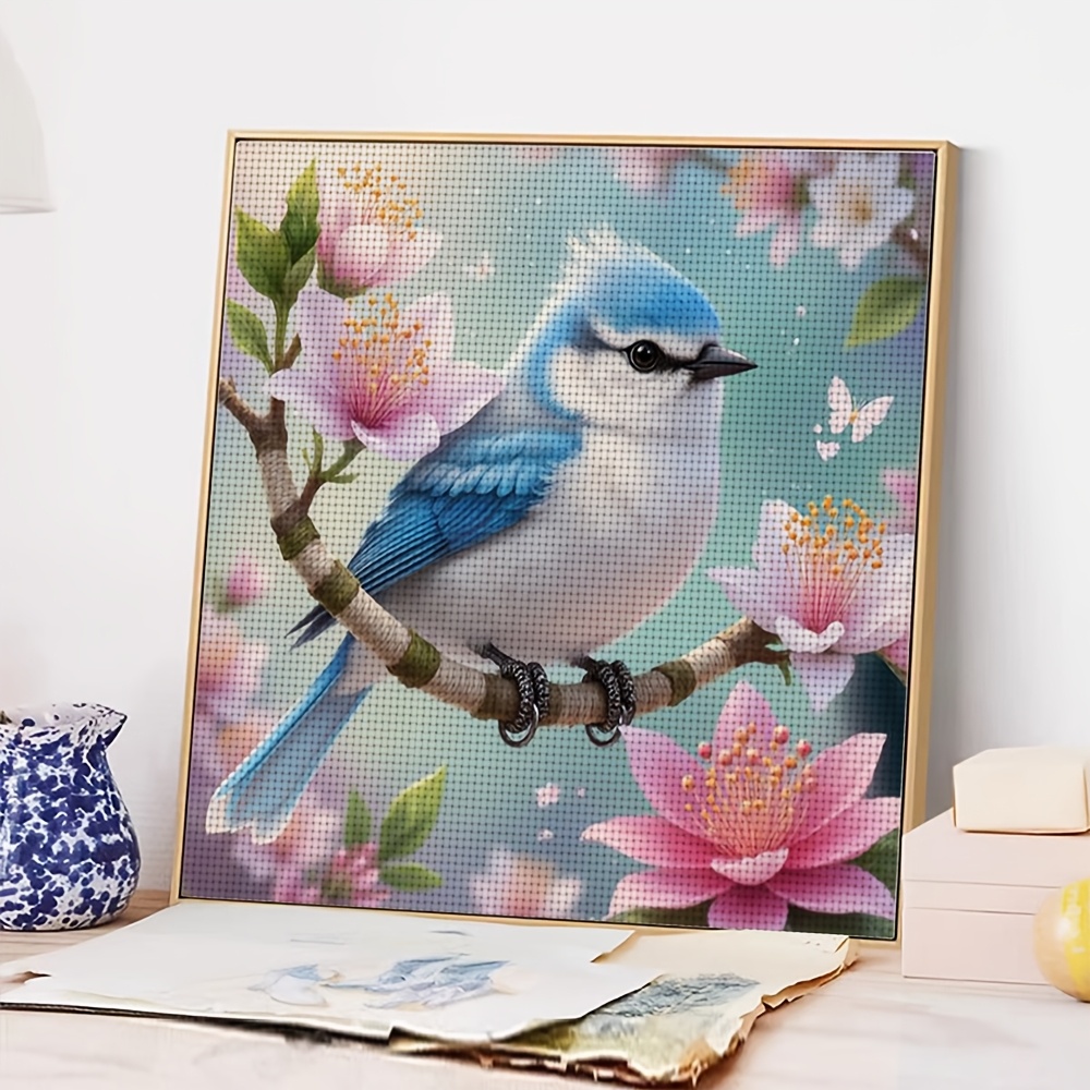 Cross Stitch Kit, Blue Bird on Branch with Pink Flowers
