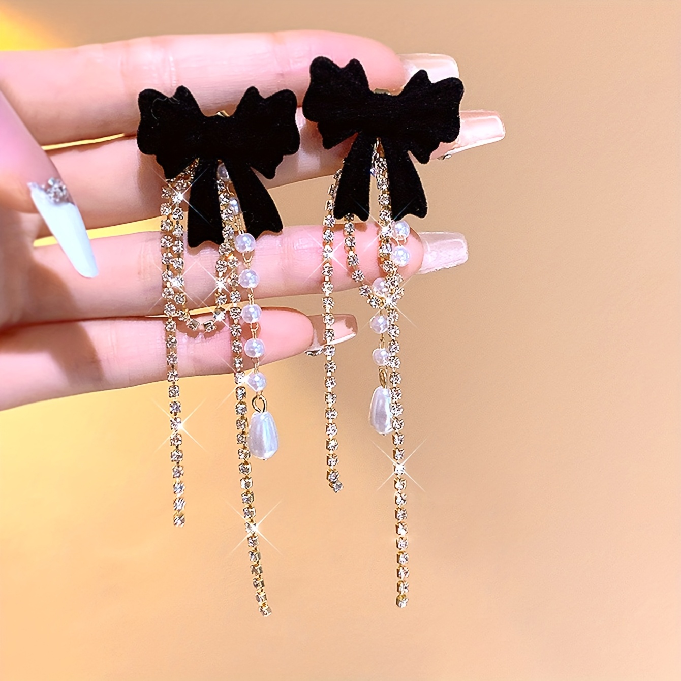 A Pair Of Women's Earrings, Elegant And Light Flocked Bow Long Tassel Earrings