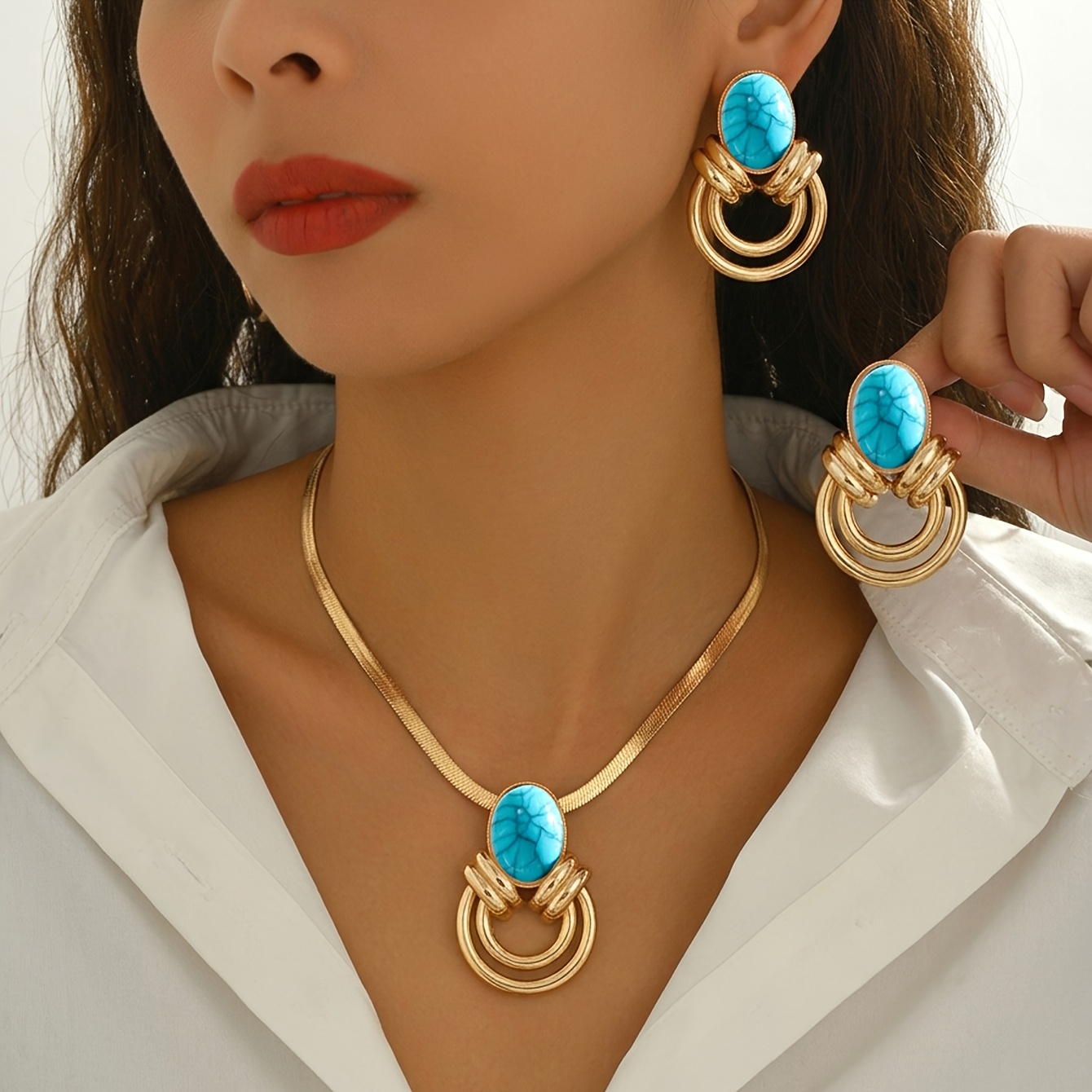 TEMU 2pcs Set, New Summer Bohemian Necklace And Stud Earrings Women's Jewelry Set, Fashionable Golden Flat Snake Chain, Geometric Oval,, Cracked