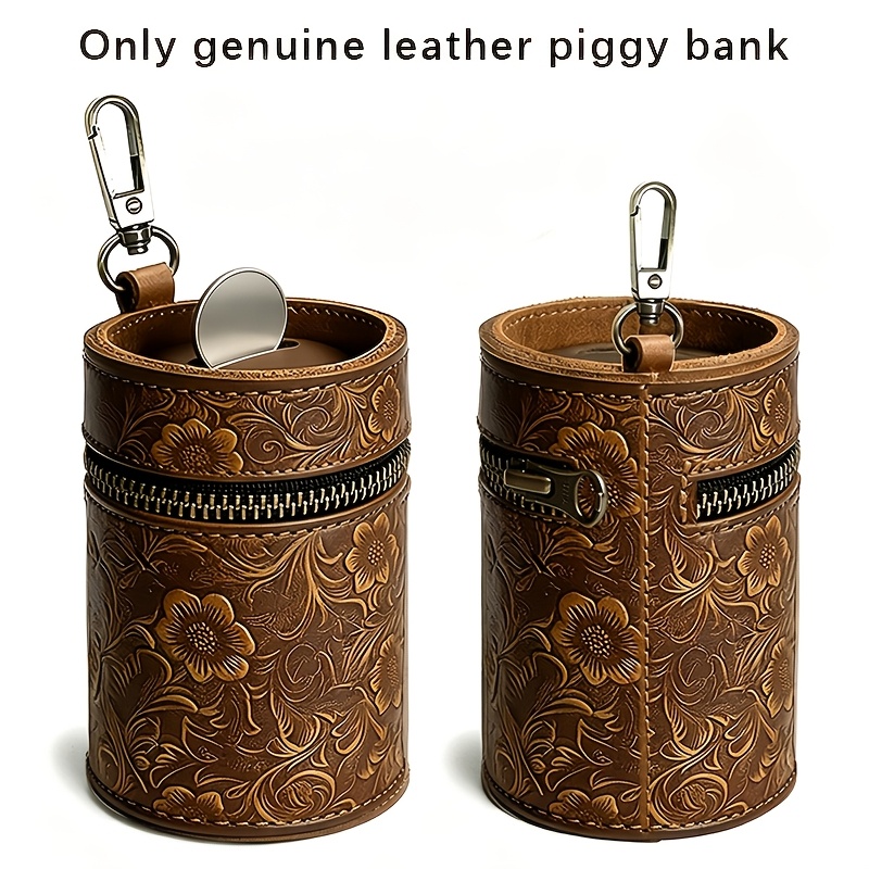 TEMU Top Layer Cowhide Handmade Tang Grass Pattern Genuine Leather Car Cup , Fit For Car Cup Holder, Coin Purse, Change Organizer, , Zipper Pouch,