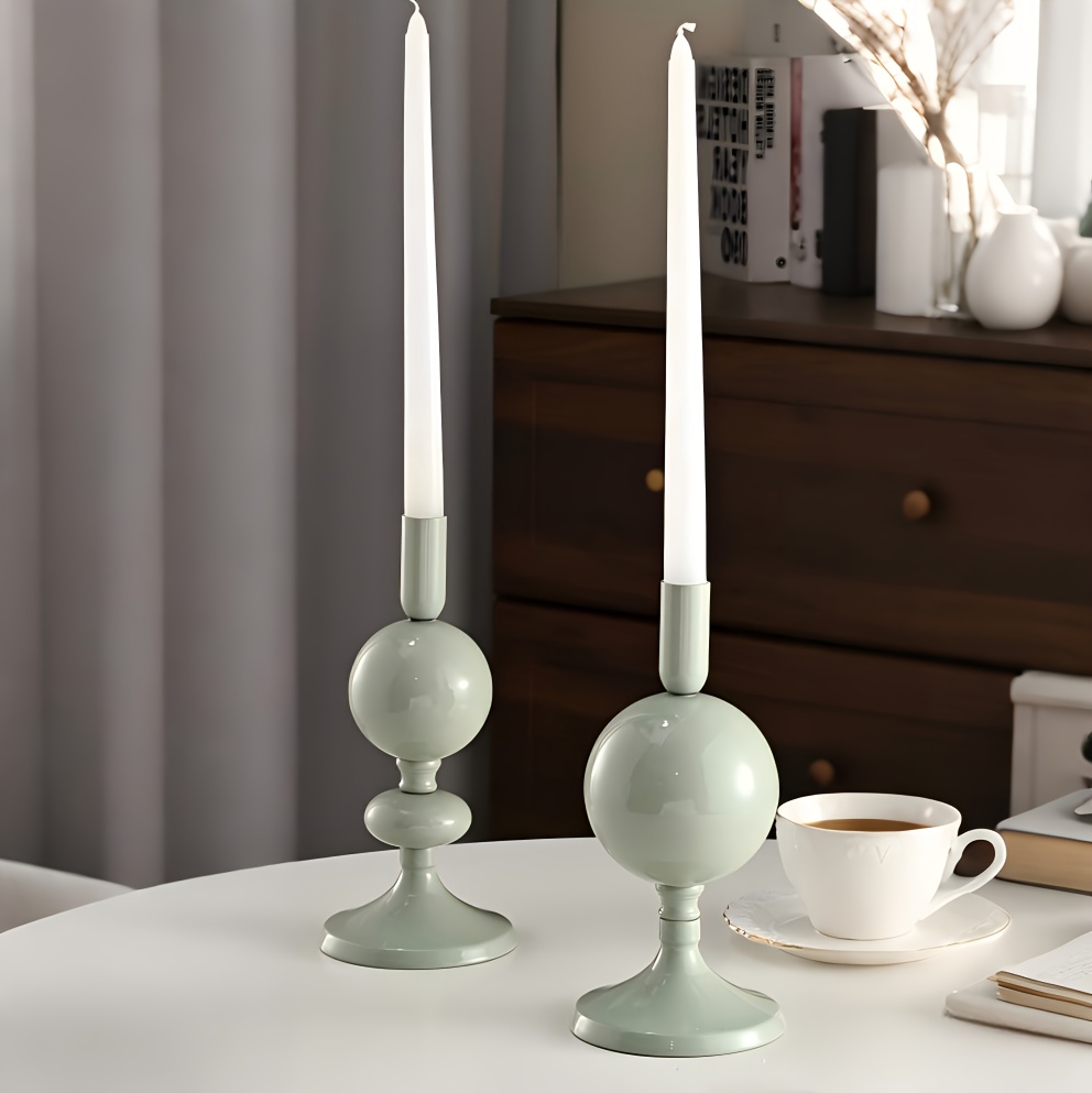 2pcs Set of Modern Spherical Candlesticks, Cream + Sage Green Matte Metal Long-stem Candle Holders, Versatile Tabletop Decorative Ornaments for Dining Tables, Coffee Tables, Weddings, and Parties