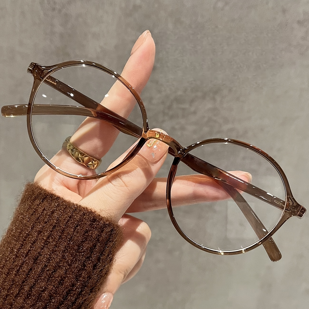 Image of 1pc Women's Lightweight Minimalist Round Frame Glasses - Brown-green Color, Non- Fashion Glasses With Clear Lenses, Suitable For Daily And Special Occasions, Design