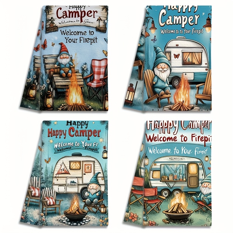 E-shop 4er-Set Geschirrtücher 18x26 Zoll, Lagerfeuer, Gnom, Wohnmobil, Gemütliche , Süße Familie, Saugfähige Mikrofaser-Küchenhandtücher, Geeignet für