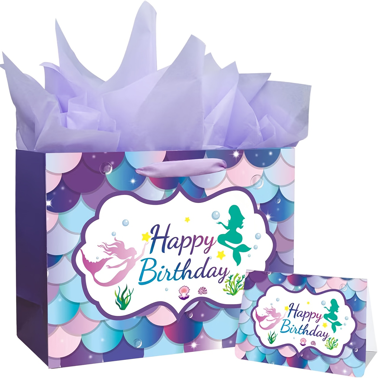Image of 13" Large Mermaid Happy Birthday Gift Bag With Handle, Tissue Paper And Card For Party Favor Decorations