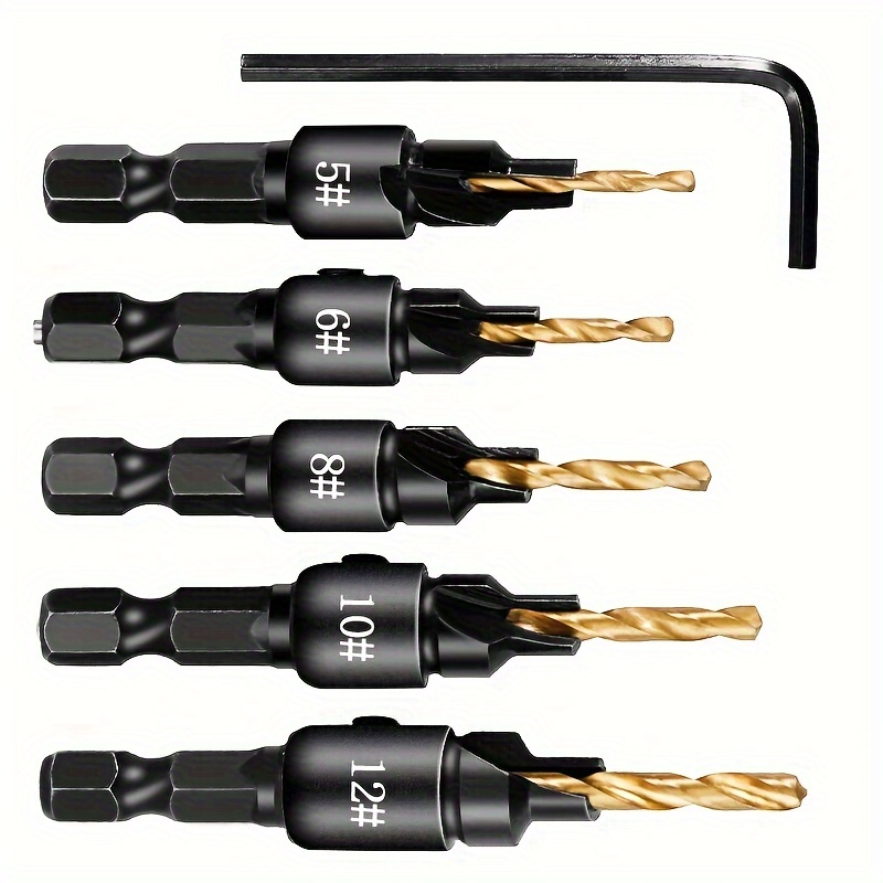 TEMU Drill A Countersunk Hole With A 5+1pc Woodworking Drill Bit Set For Screw Sizes #5#6#8#10#12.