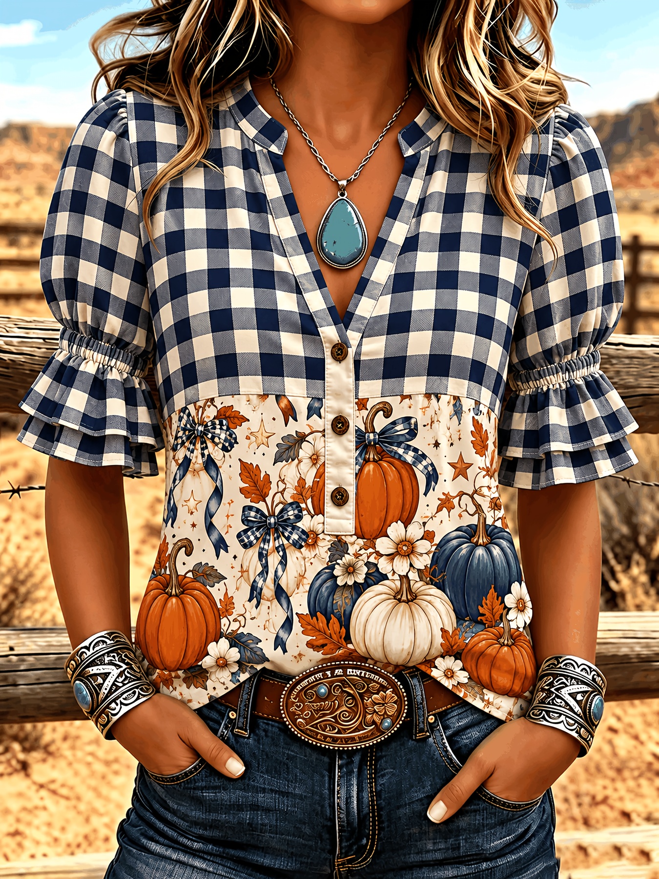 womens vintage orange gingham pumpkin print chiffon blouse small v neck half button shirt with double layer ruffle puff short sleeves western casual top