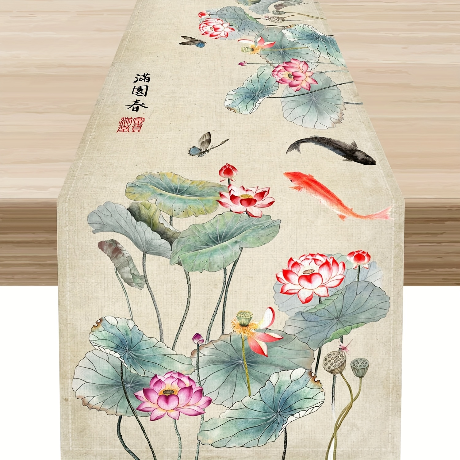 TEMU 1pc, Dokriy, Chinese Table Runner, Traditional Japanese Asian Ink Painting Flower Koi Nature Oriental Vintage Table Center Decor For Outdoor