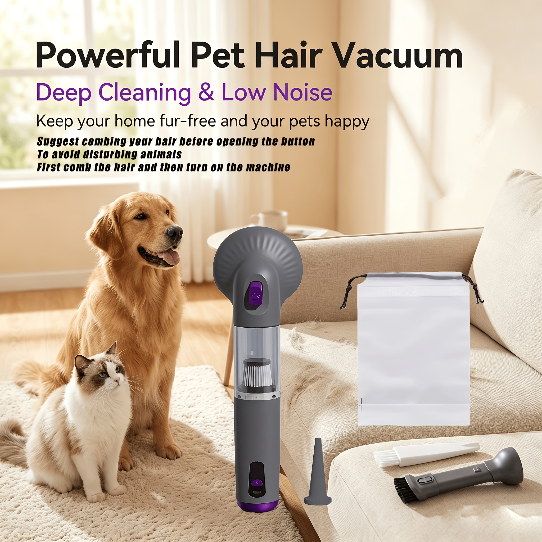 TEMU Aspirapolvere e rimuovi 2-in-1 per animali domestici, aspirazione 4-in-1, soffiaggio, toelettatura, potente aspirazione, contenitore rimovibile,