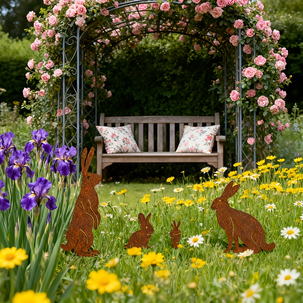 Image of 【2d Flat】 4pcs Vintage Metal Easter Bunny Garden Stakes | Durable Decor For Lawn, , And Gardens, On Ground, No Electricity Needed, Ideal For Easter Decorations And Home Decor