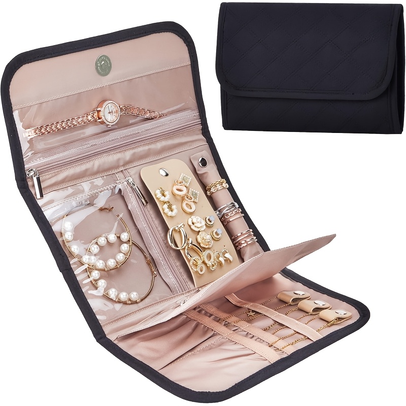 Image of Travel Jewelry Organizer, Foldable Roll-up Storage Pouch For Earrings, Necklaces, Rings, Bracelets, Brooches, Purple, Jewelry Rolls