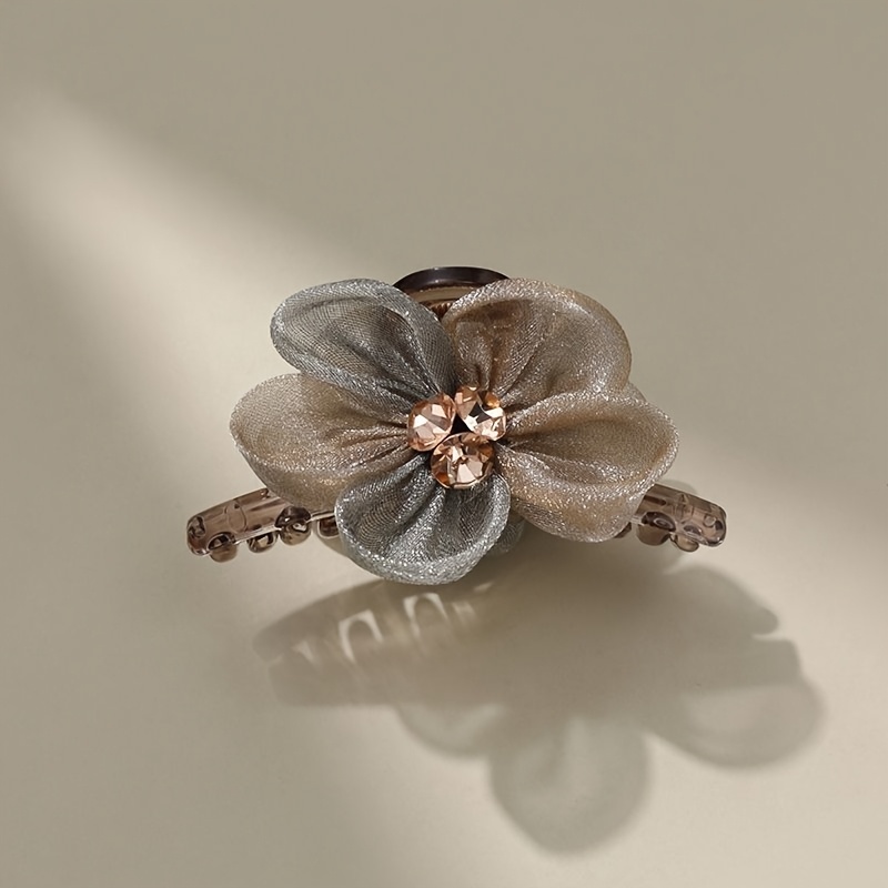 TEMU Korean- Luxury Champagne-colored Mesh Petal Vertical Clip With Rhinestones, Banana Clip For Women's Accessories And Headwear
