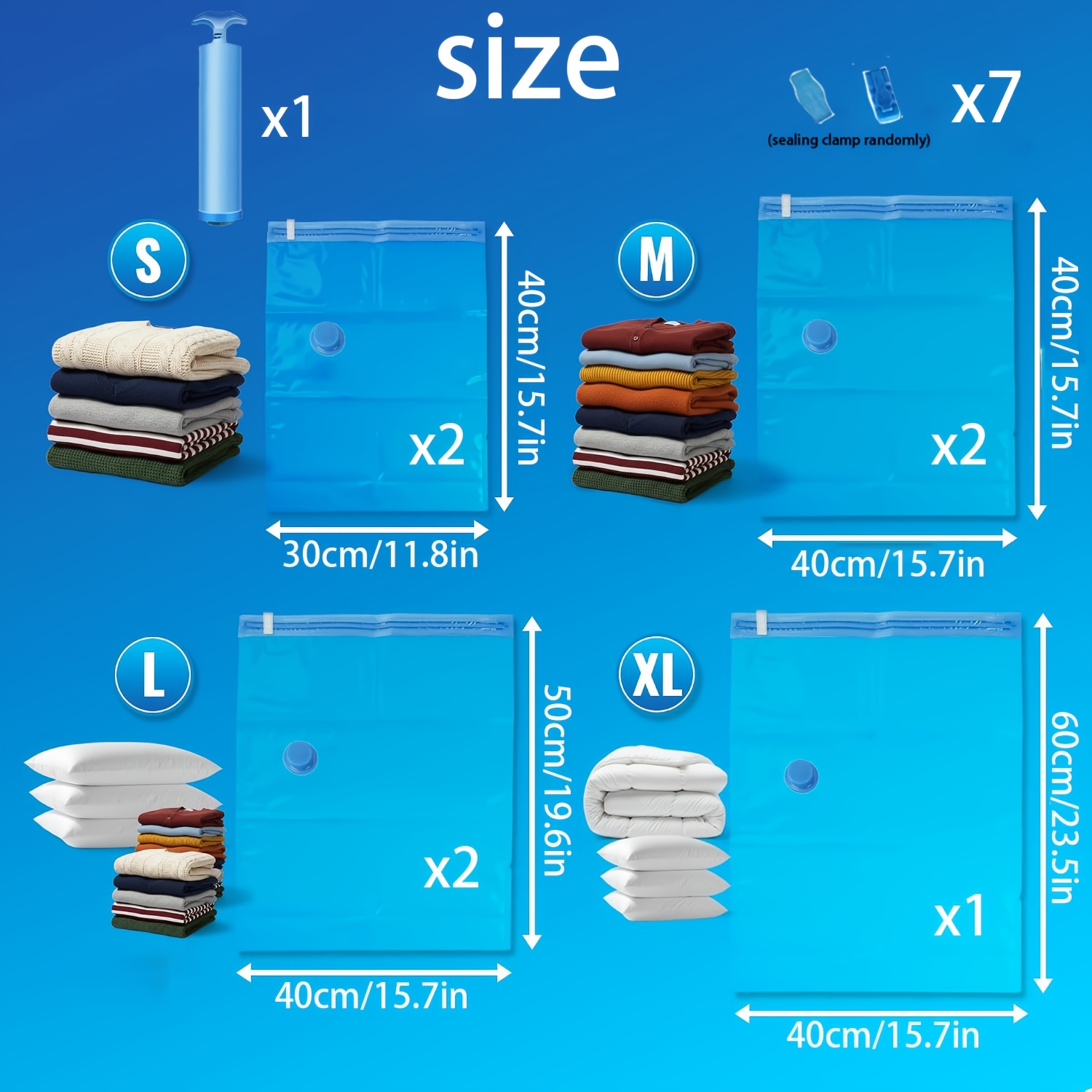 TEMU Set da 15 pezzi: 2 sacchetti sottovuoto compressori piccoli, 2 , 2 grandi e 1 extra-large, pi羅 7 clip di chiusura e 1 pompa manuale. Sacchetti