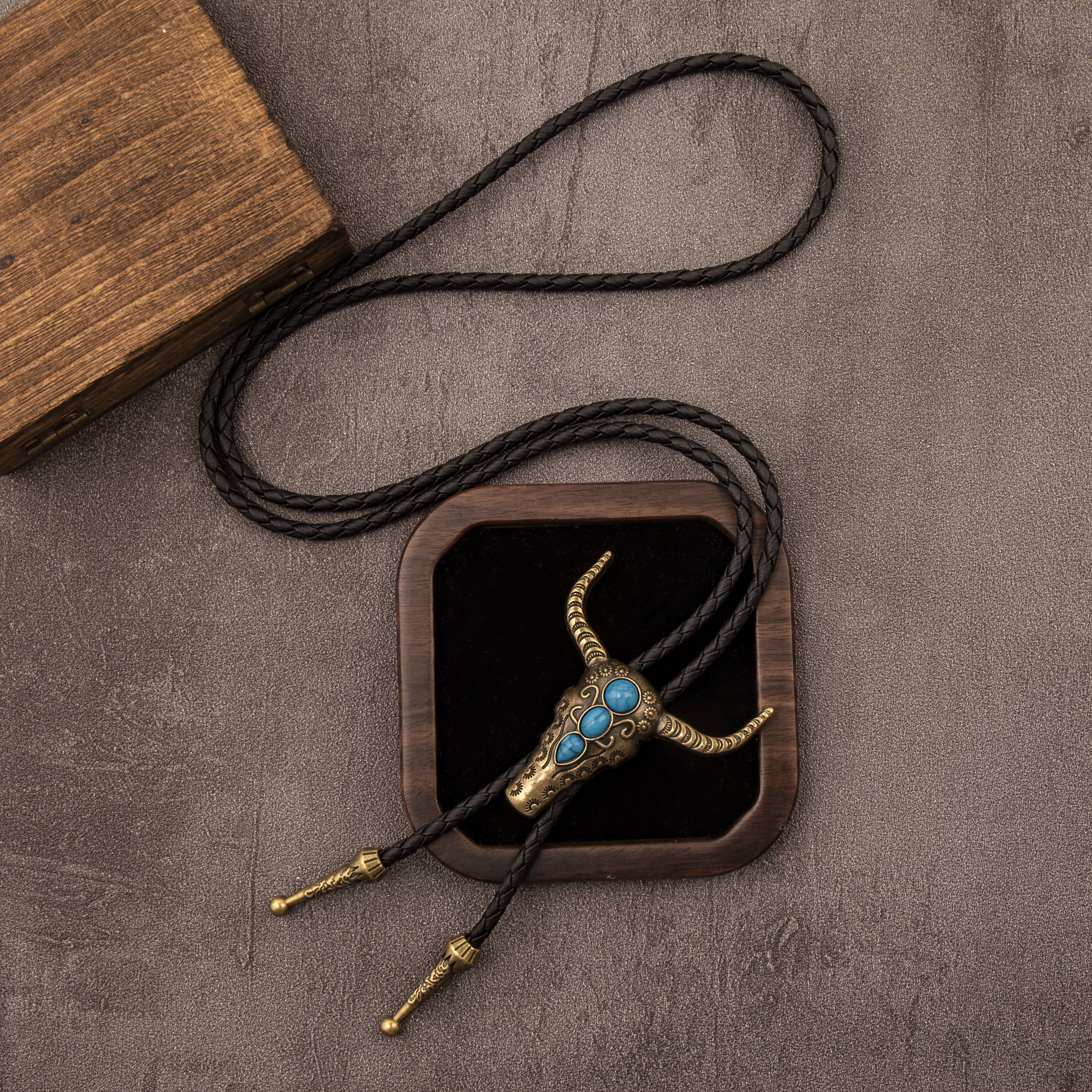 TEMU 1pc Shaped Tie, Vintage Western Cowboy Style Alloy Pendant With Braided Pu Cord, Unisex Bow Tie Neck Accessory, Fashionable Accessory, European