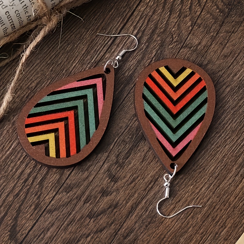 Bohemian Rainbow-Colored Teardrop Geometric Wooden Drop Earrings