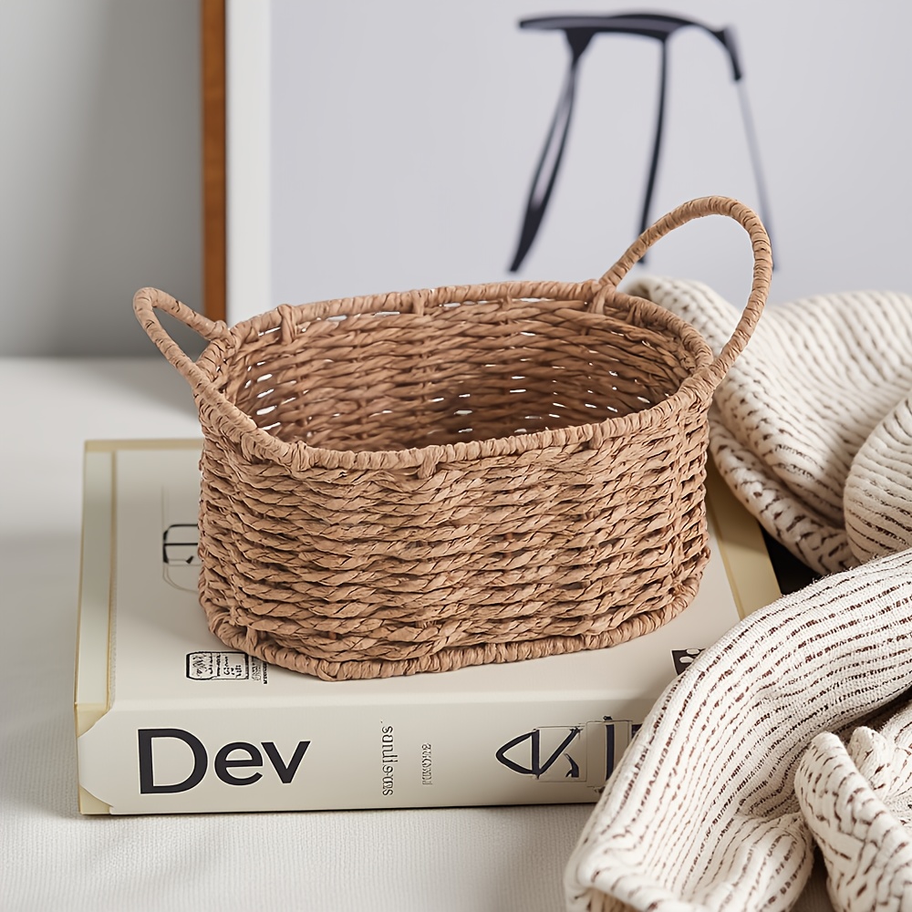Waterproof Pp Rattan Round Storage Basket, Desktop Organizer, Shelf Baskets