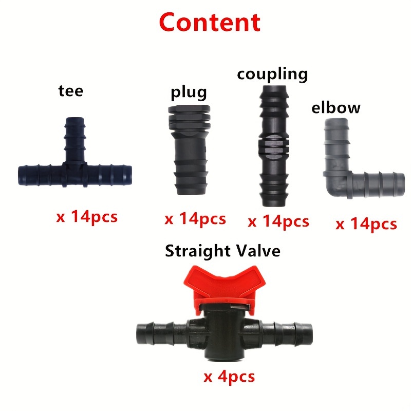 Image of 60 Fitting Combinations 1/2 Inch Pe Pipe Fittings 14 Tees, 14 Elbows, Connectors, 14 End Plugs, 4 Ball Valve Switches Drip Irrigation Fittings