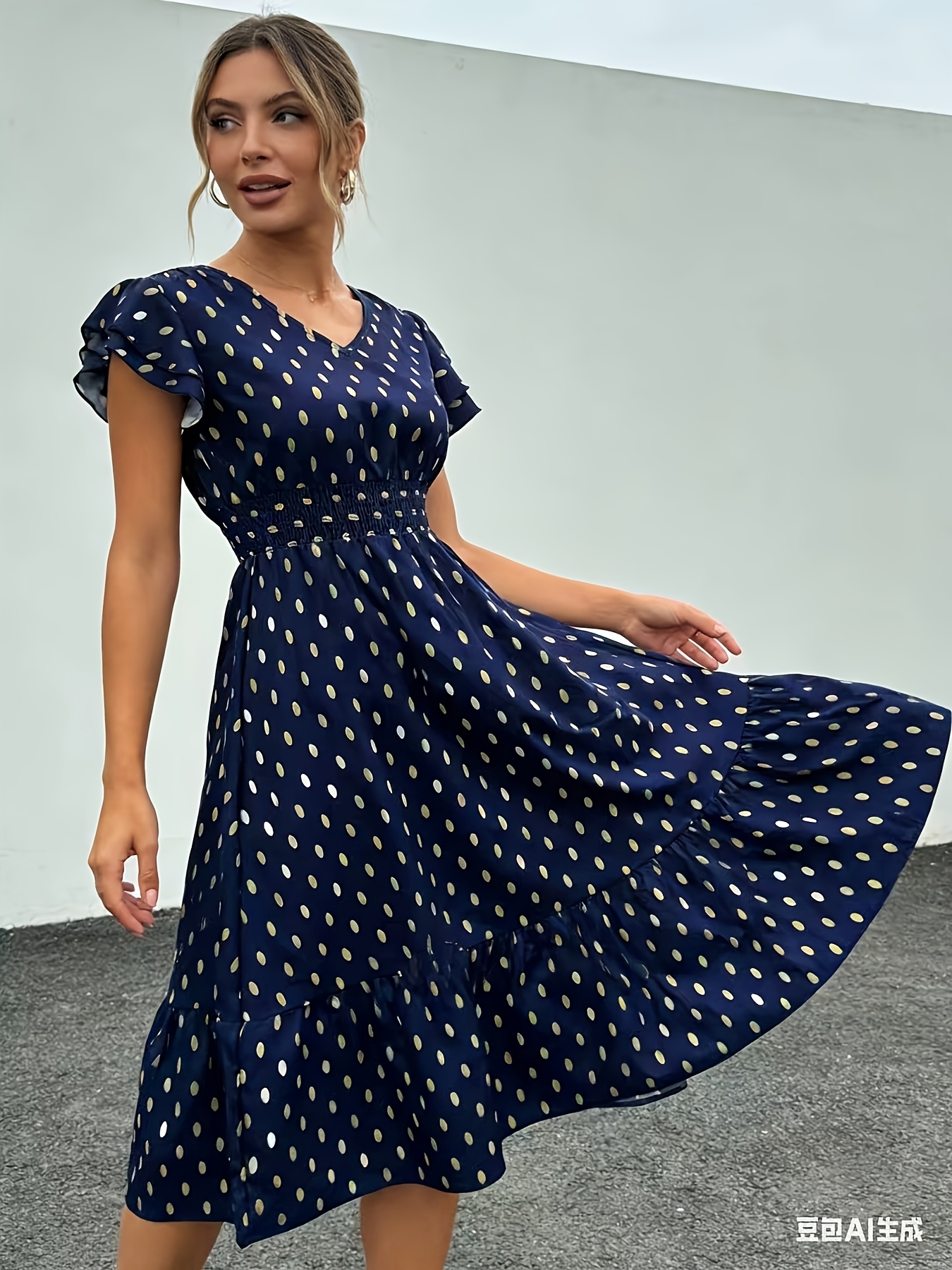 knee length navy blue casual dress Light Blue Short Dress with Ruffle Detail