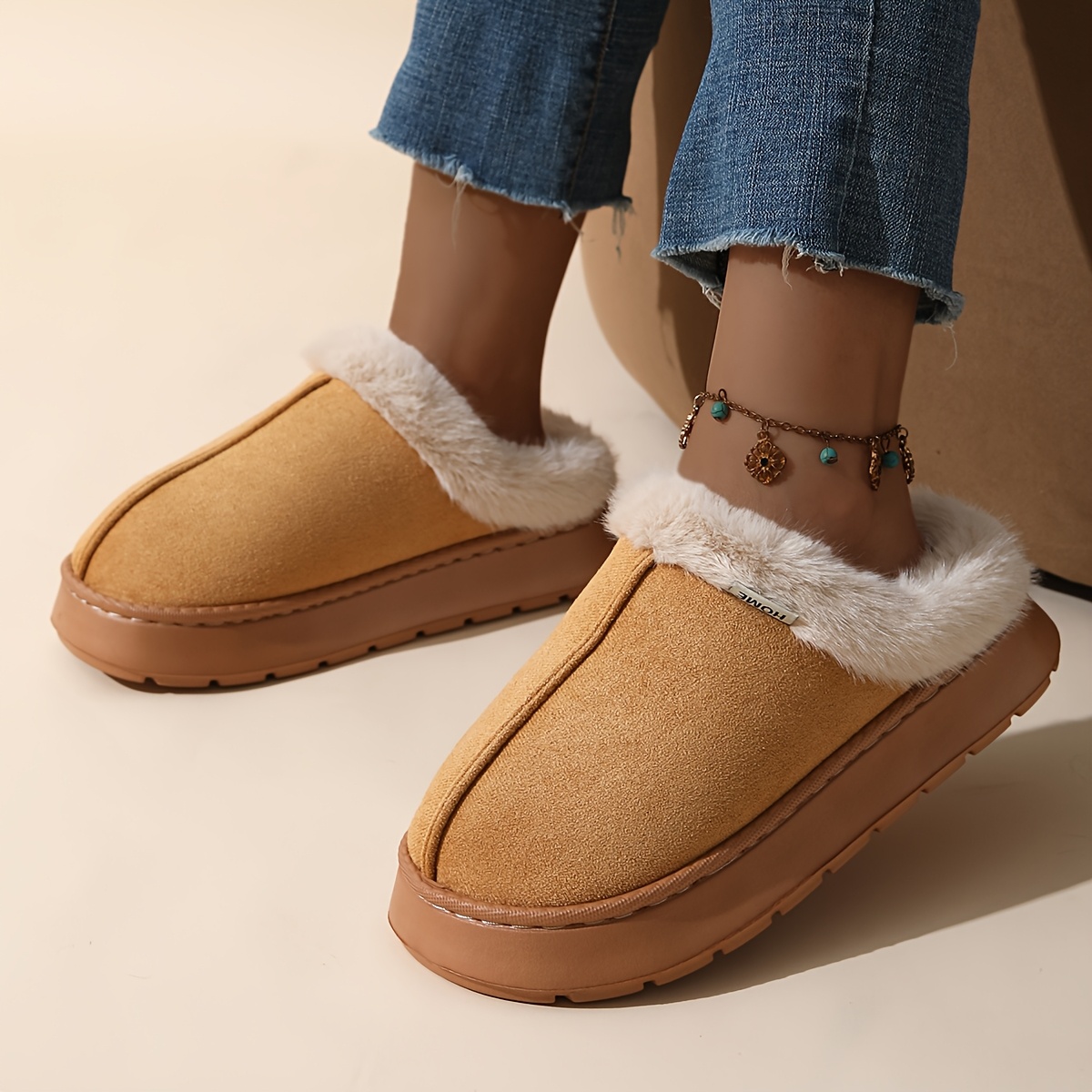 womens elegant plush slip on slippers soft warm thick cushioned eva sole with plush lining non slip comfortable beach for summer   indoor outdoor house shoes in pastel neutral colors pink easy clean durable eva material 4
