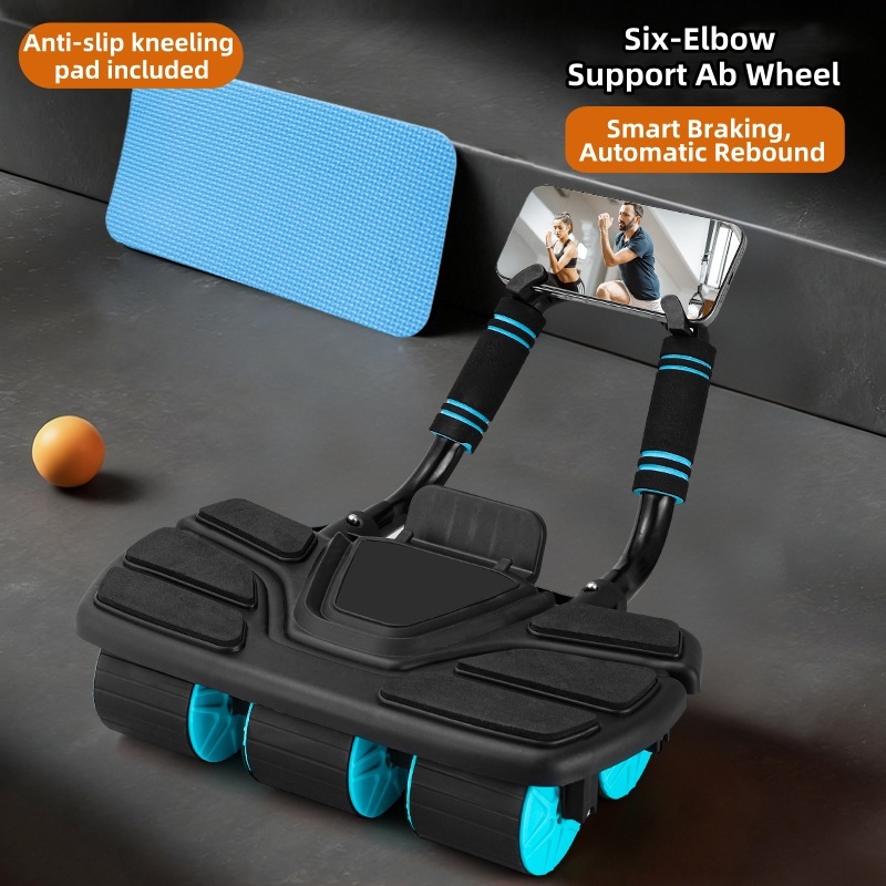TEMU Six-wheel Automatic Rebound Ab Roller With 6 Elbow Supports, For Home Plank Equipment, Black Unisex, Ideal For Home Fitness In Waist, Abdomen, Legs & , Gym Additions