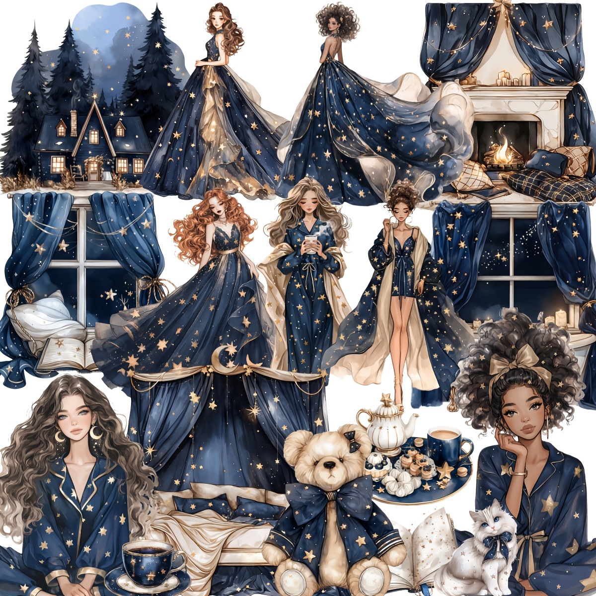 TEMU A Set Of 40 Handmade Creative Vintage Navy Blue -themed Mysterious Stickers For Women, Suitable For Decorating Journals, Scrapbooks, Photo Albums, And Notebooks With Stickers