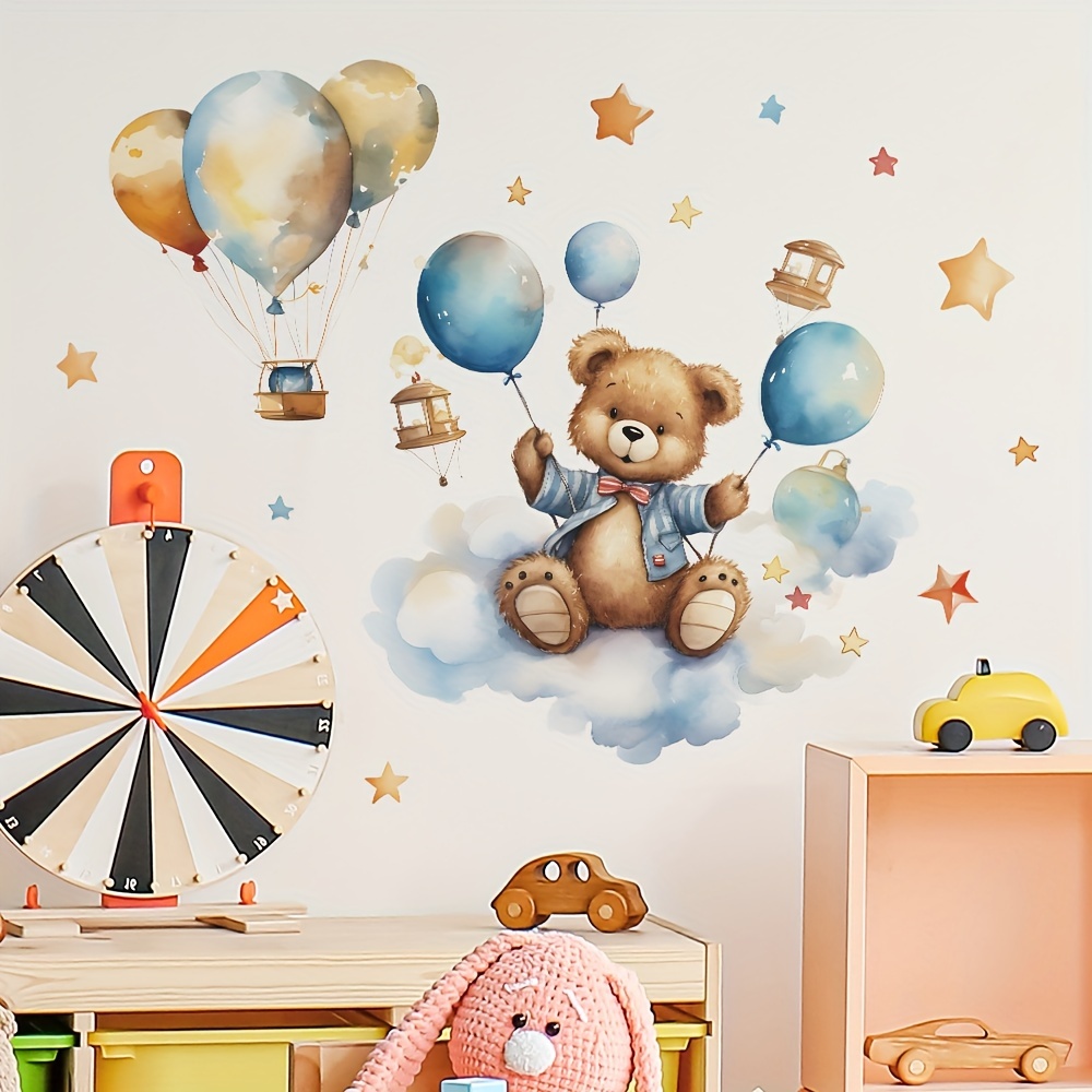 1pc adhesive bear balloons wall stickers cute cartoon bedroom living room decor easy sticky plastic decals with stars kids room decoration