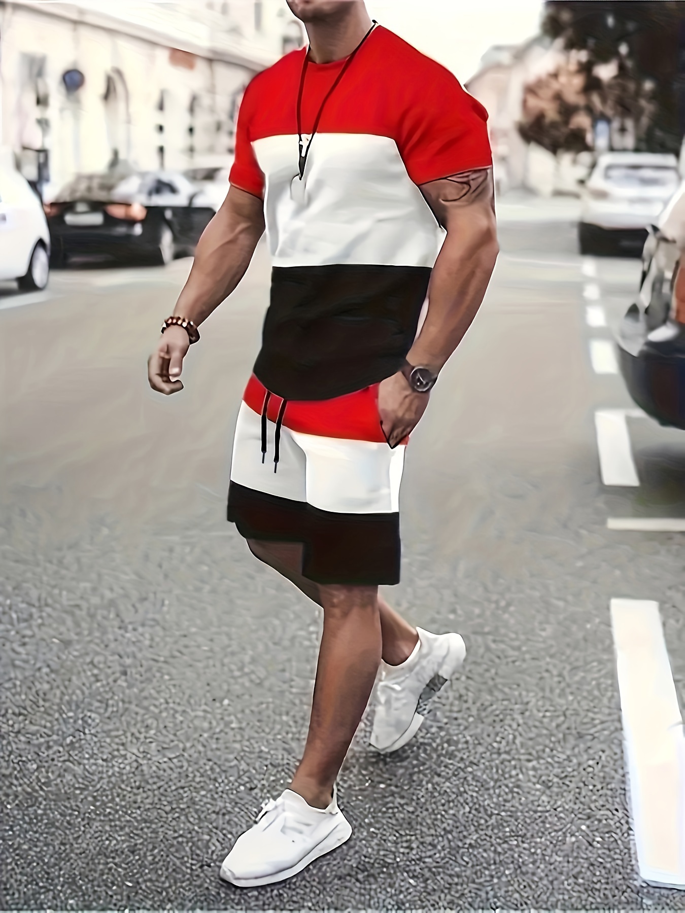 mens 2 piece set athletic round neck short sleeve top and shorts with color block design comfortable casual sportswear outfit details 6