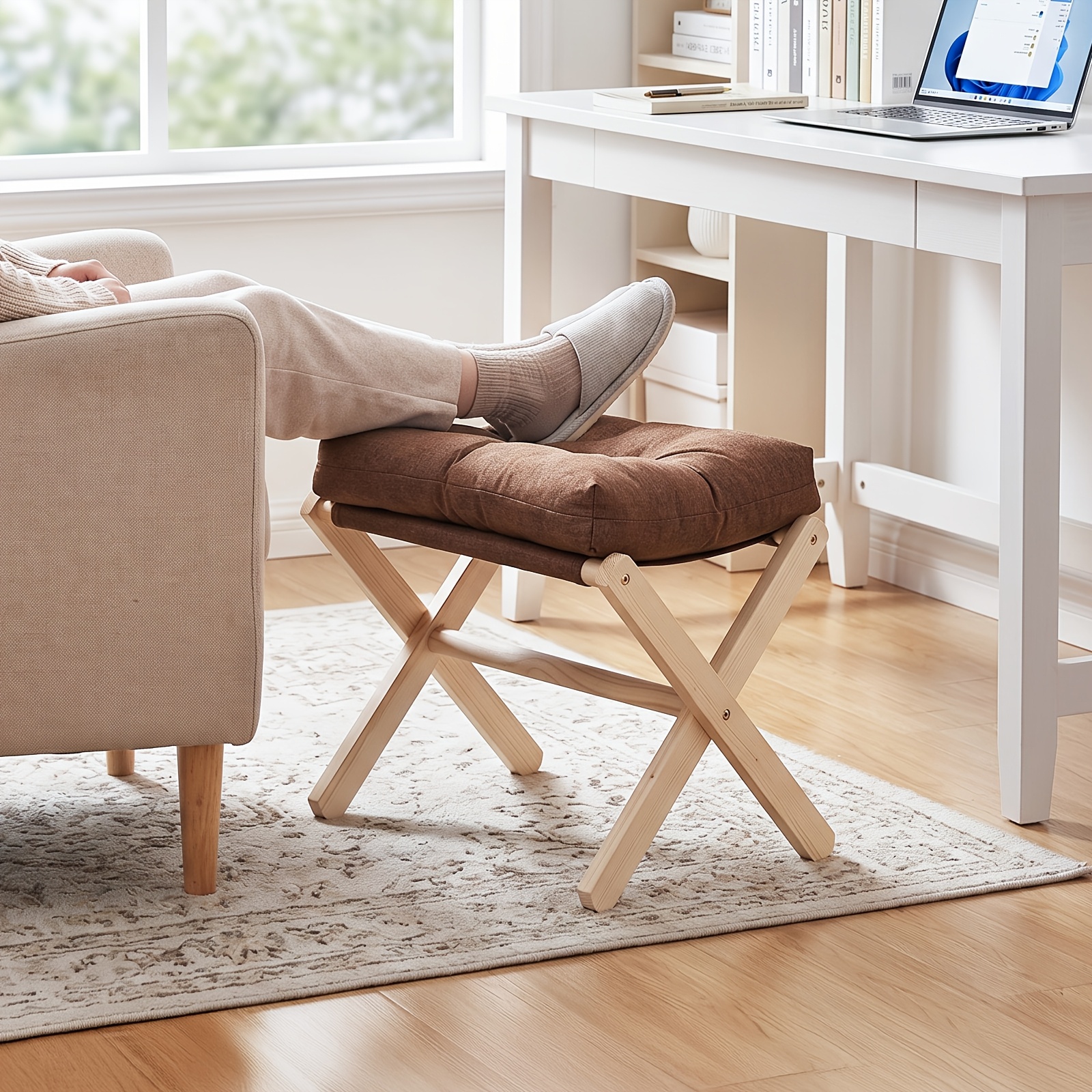 Image of 1 Pack Foldable Solid Wood Stool, Stable Frame, Fabric Cushion, Portable, Space-saving, , Dual-use For Office And Home, , Durable, Suitable For Living Room, Entryway, Bedroom