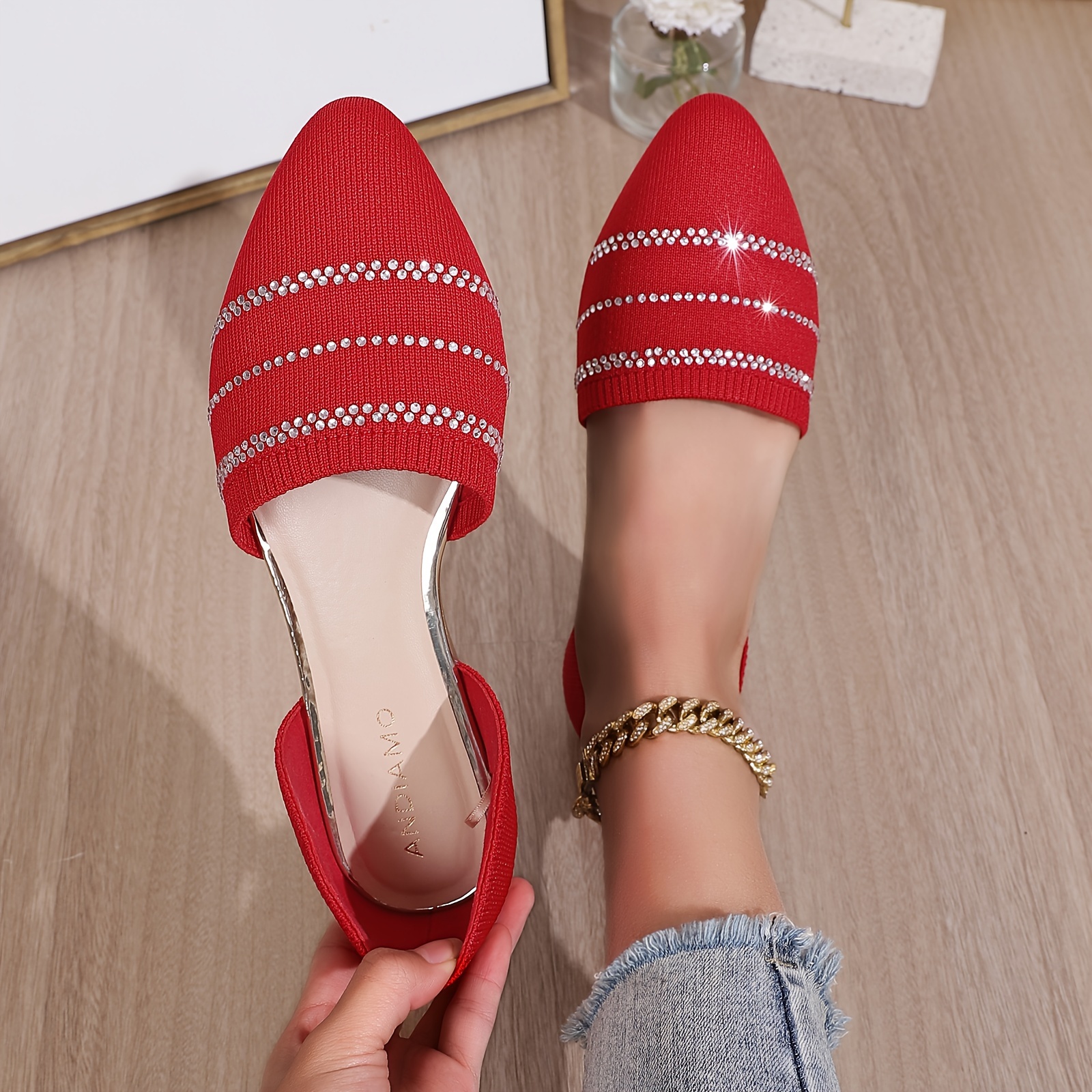 Women's Knitted Flat Shoes Pointed Toe Rhinestone Slip - Temu