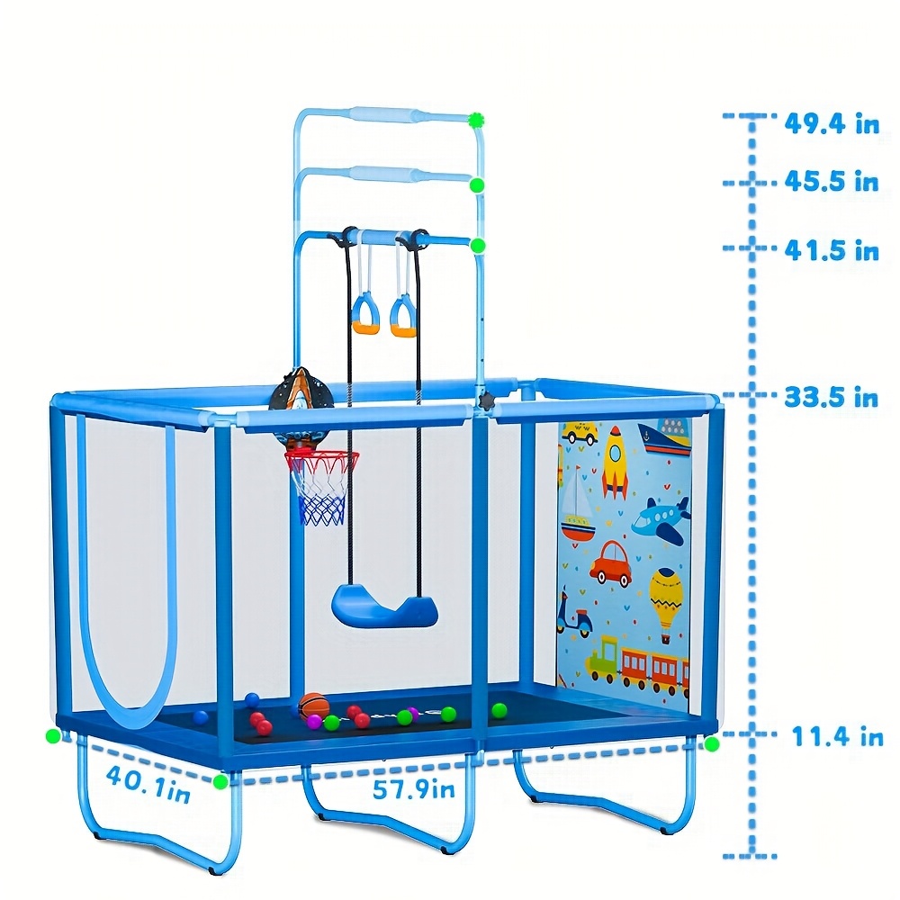 TEMU Kids Trampoline With Swing, Gym Rings & Basketball Hoop, 58x40" Rectangle Shape Indoor Outdoor Trampoline With Safety Enclosure Net, Bed For Backyard Garden