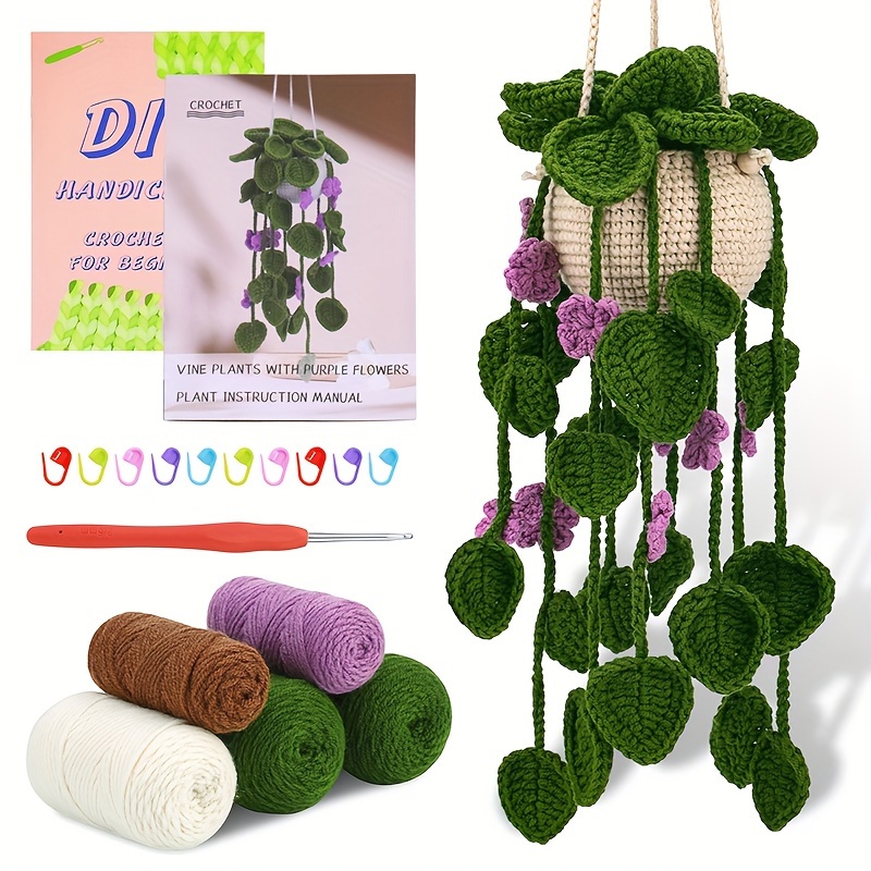 

1pc Purple Flower Hanging Potted Plants Crochet Starter Kit With Step-by-step Video Tutorials Complete Crochet Kit For Beginners Decoration, Accessories Random Color