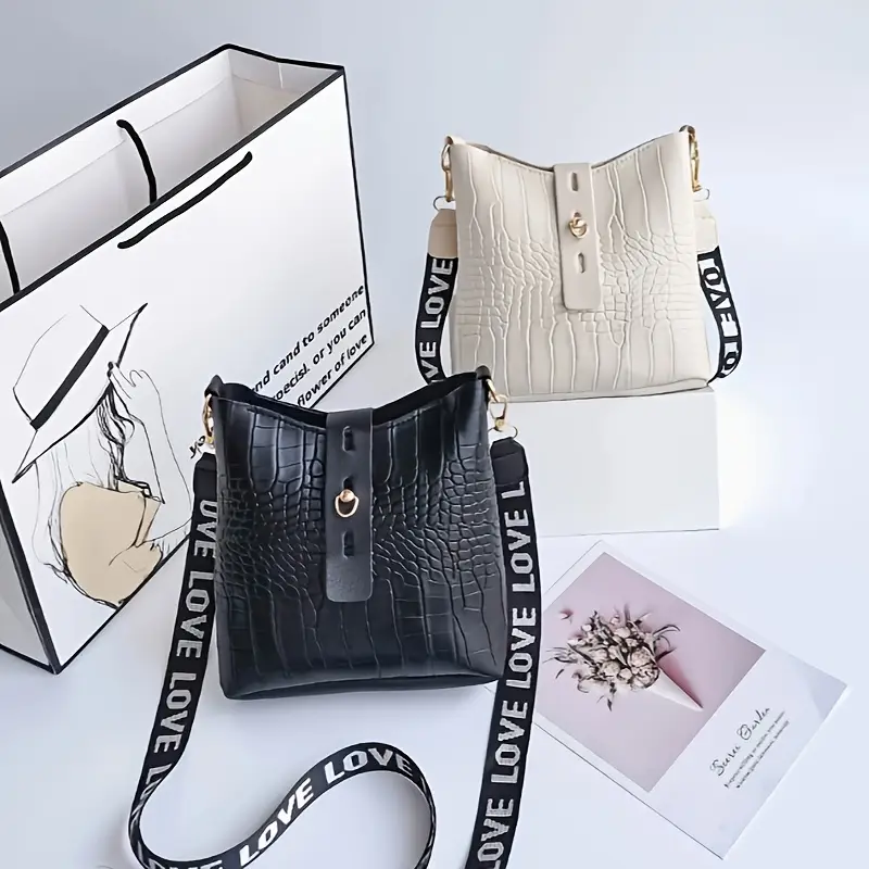 1pc crocodile pattern bucket bag stylish womens crossbody purse with hardware black casual or formal occasions details 4
