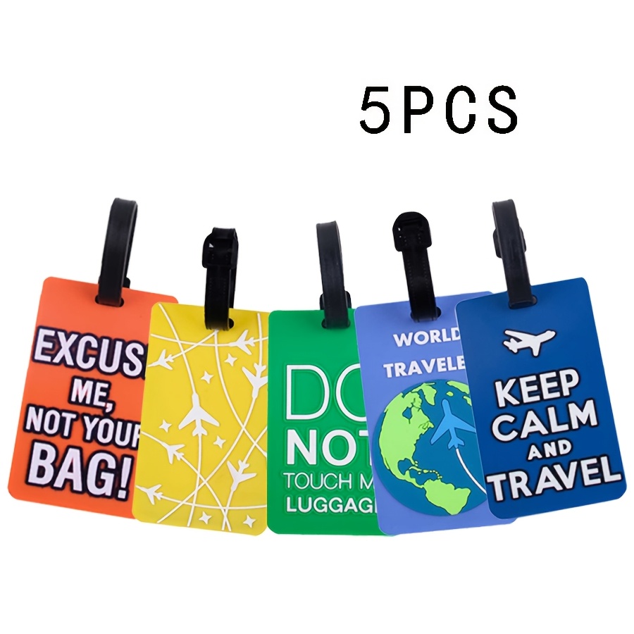 

5pcs Funsuit Travel Luggage Tags Set, Pvc Soft Tote Id Tags With Novelty Phrases, Lightweight, Space, Anti-loss, For Backpacks & Suitcases, Pack (yellow, Green, Blue)