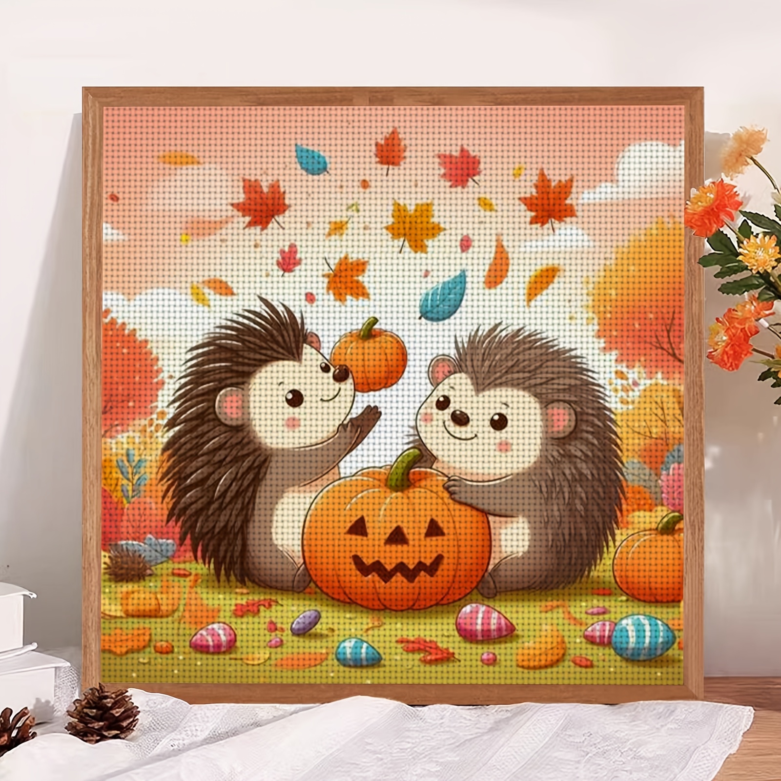 DIY Cross-Stitch Printed Kit, Unframed, Autumn Leaves Hedgehog