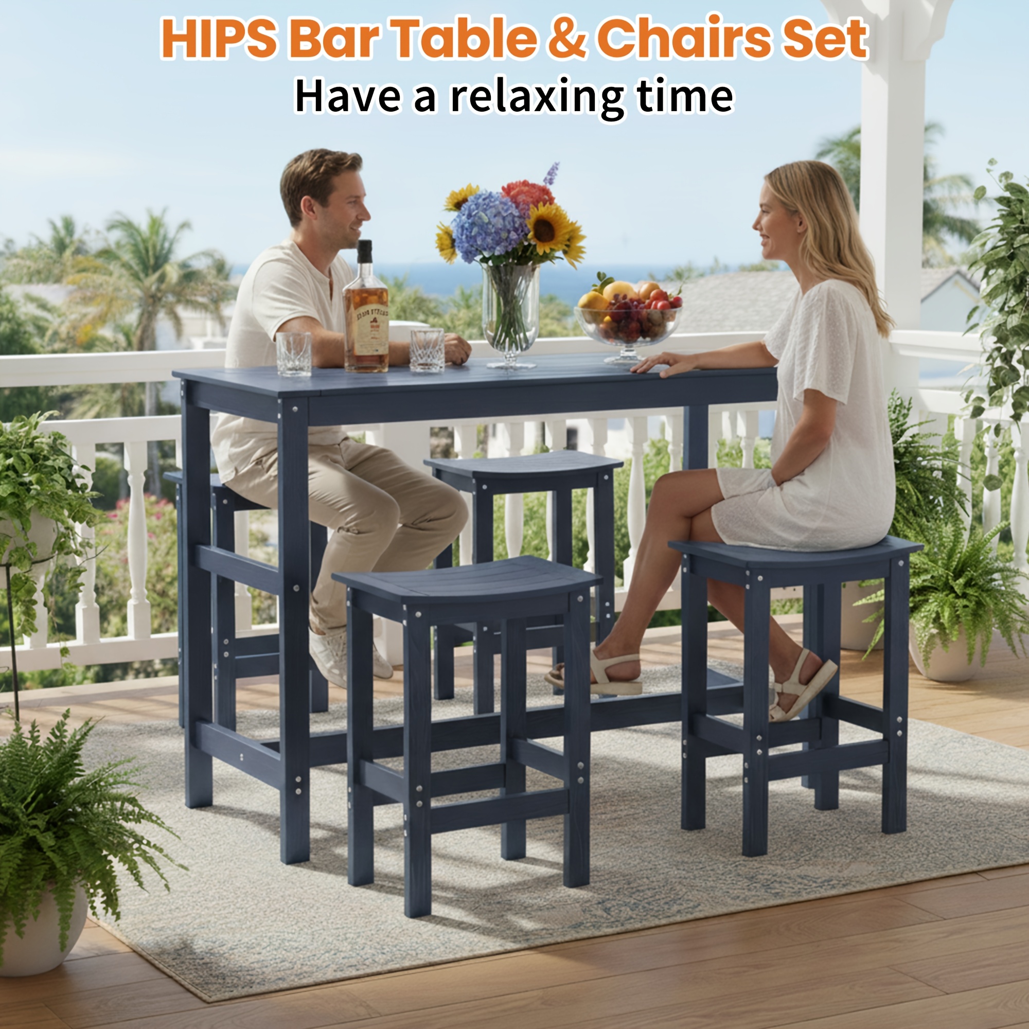 5pcs Outdoor Bar Table And 4-Chair Set, 55-Inch Rectangular High-Leg Bar Table with Stools, All-Weather Waterproof Patio Furniture, Easy to Assemble, Ideal for Patios, Balconies, Backyards, Porches, And Small Spaces