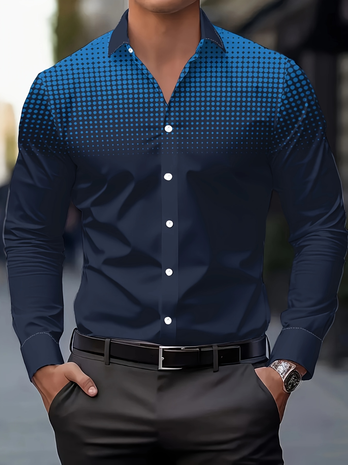 Men's Casual Long Sleeve Button-Up Shirt - Gradient Blue to Gray Print, Polyester, Machine Washable, Classic Collar, Comfort Fit for Spring/Fall