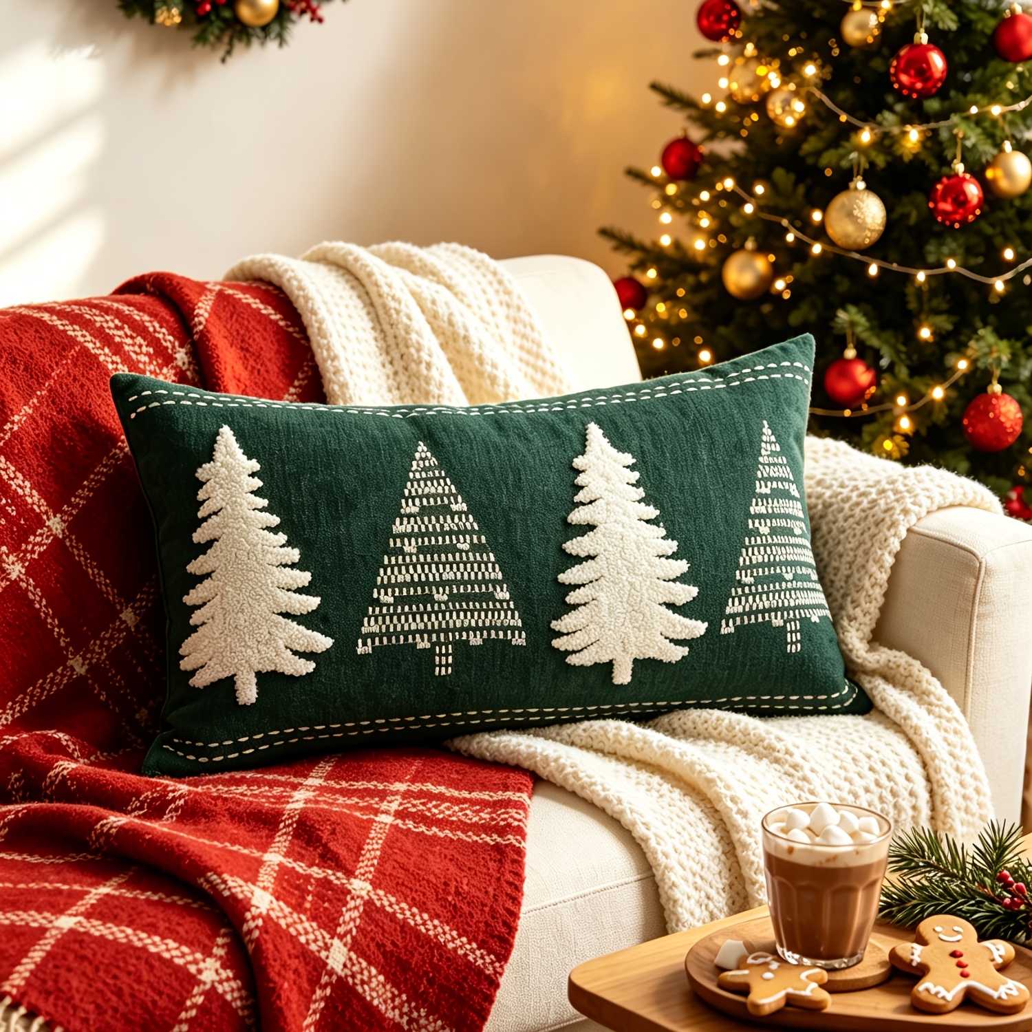 TEMU 1 coussin de Noël, coussin de décoration brodé arbre de Noël vert avec blanc, vert, rouge, canapé de Noël, hiver, vacances, lit, maison, canapé,