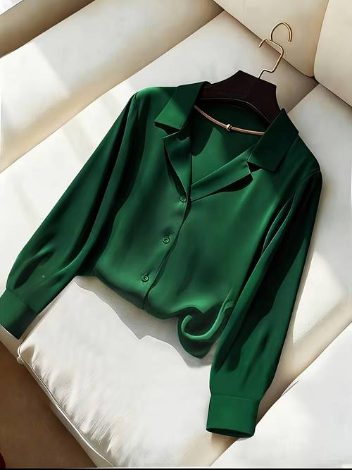 womens casual elegant solid color satin business lapel long sleeved shirt