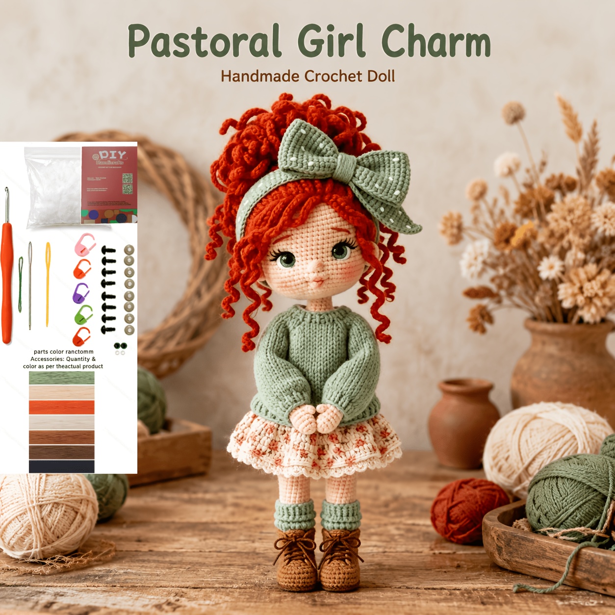 TEMU Kit de crochet Fille Vert Forêt, Crochet Créatif | Inclut un Tutoriel de Fabrication | Contient un Crochet, un Fil de Couleur et des Additions |