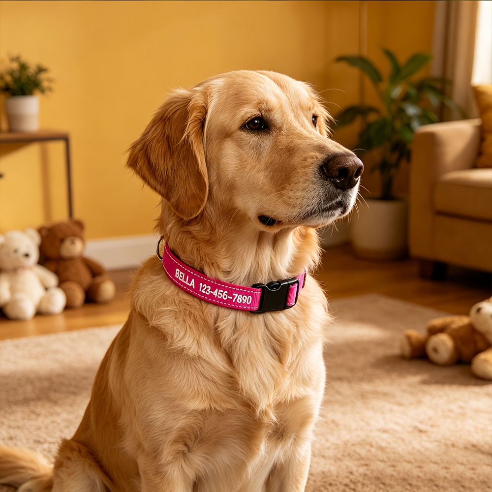 TEMU Personalized Embroidered Dog Collar With Name & Phone Number - Custom Reflective Collar Suitable For & Puppies, Upgraded D-ring, 5 Adjustable